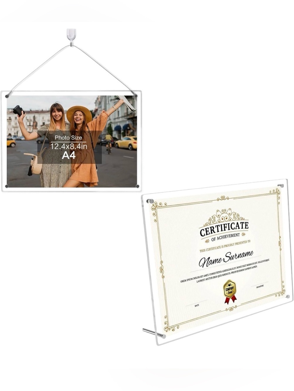 Clear Acrylic A4 Photo & Certificate Frame (White Hanger)2pk